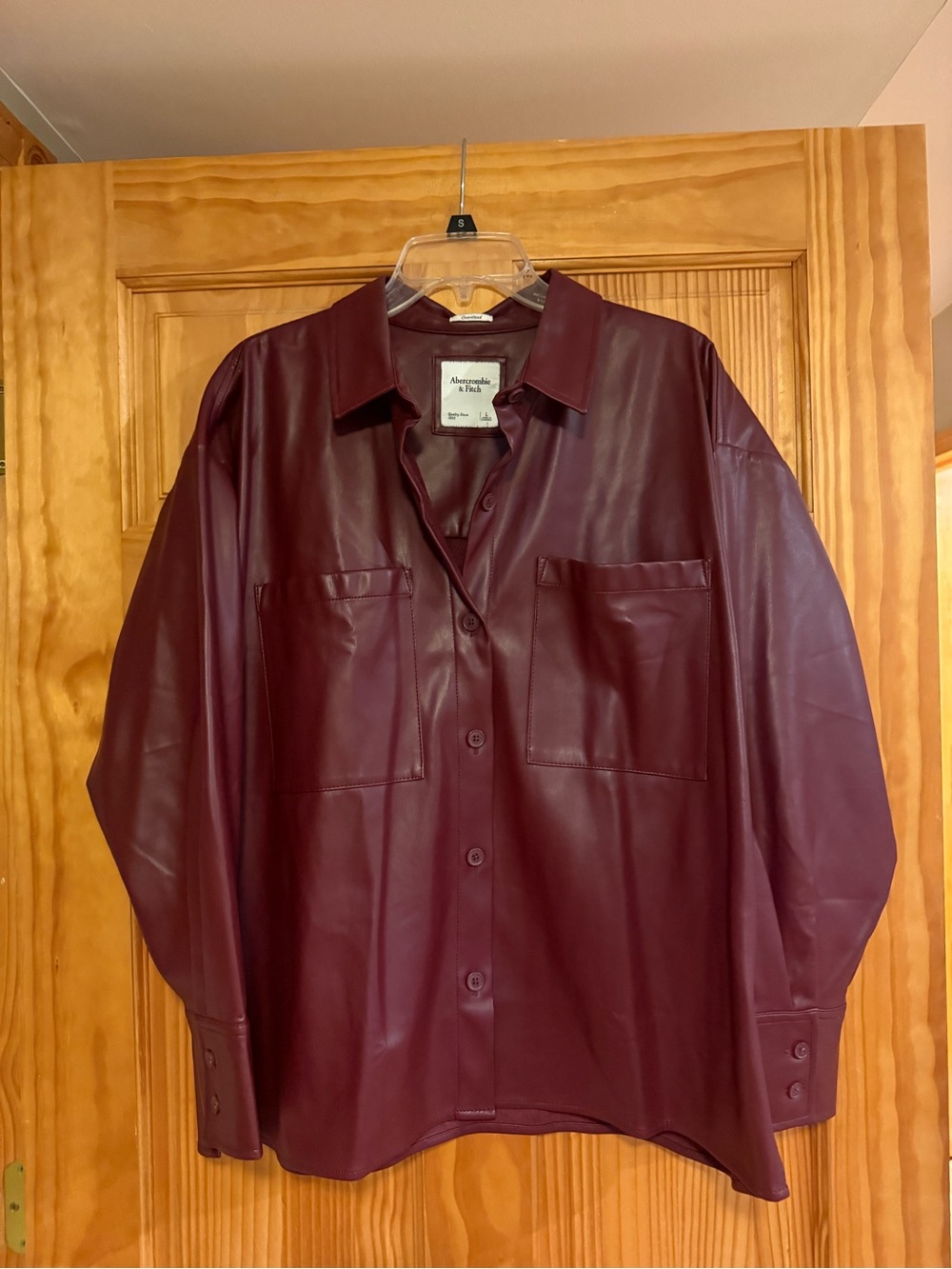 Abercrombie & Fitch Men's Burgundy Faux Leather Button-Down Shirt